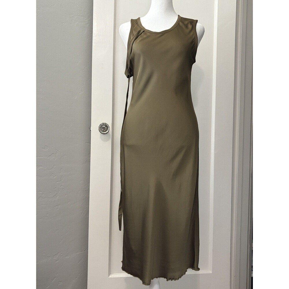 Helmut Lang Strap Detail Viscose Satin Midi Dress Size 6 S Olive Green Art Avant